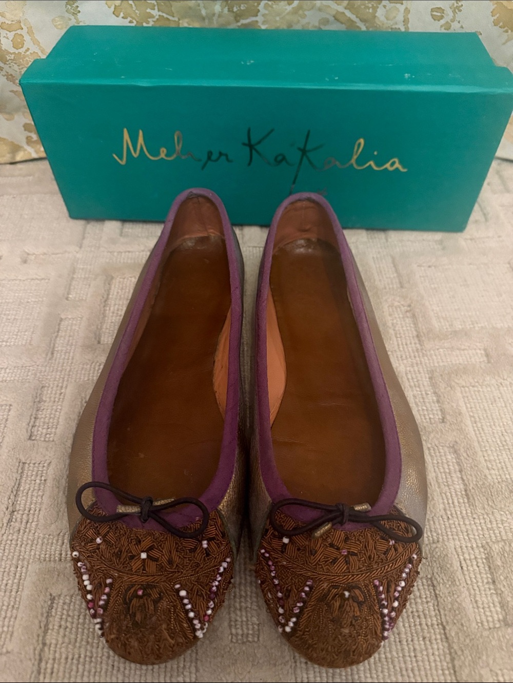 Meher Kakalia Metallic Bronze and Purple Embellished Ballet Flats Sz 40 fits 9M